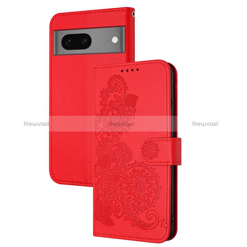 Leather Case Stands Flip Flowers Cover Holder Y01X for Google Pixel 7 5G Red