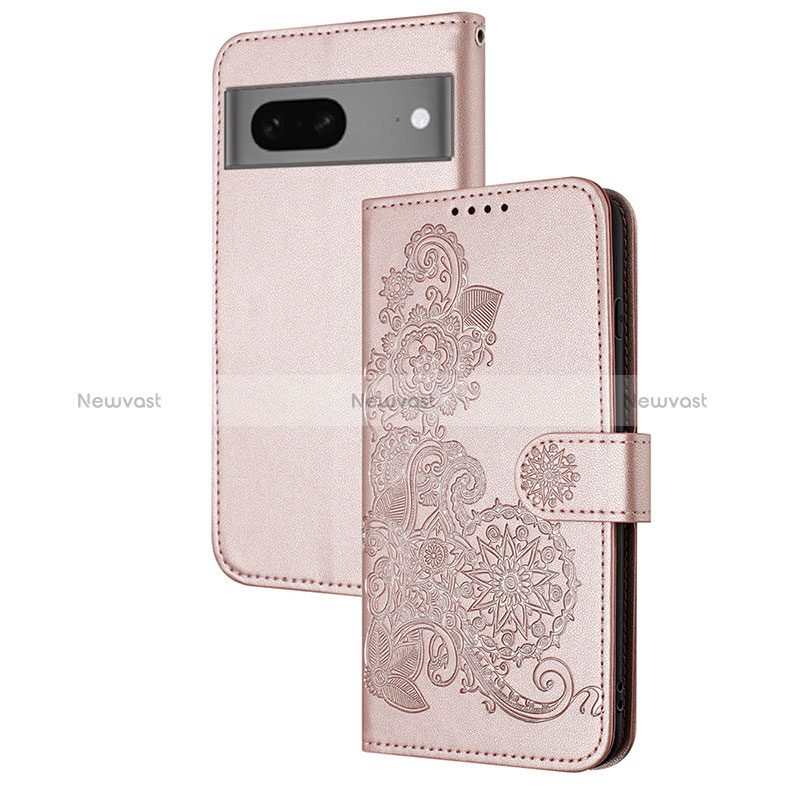 Leather Case Stands Flip Flowers Cover Holder Y01X for Google Pixel 7 5G Rose Gold