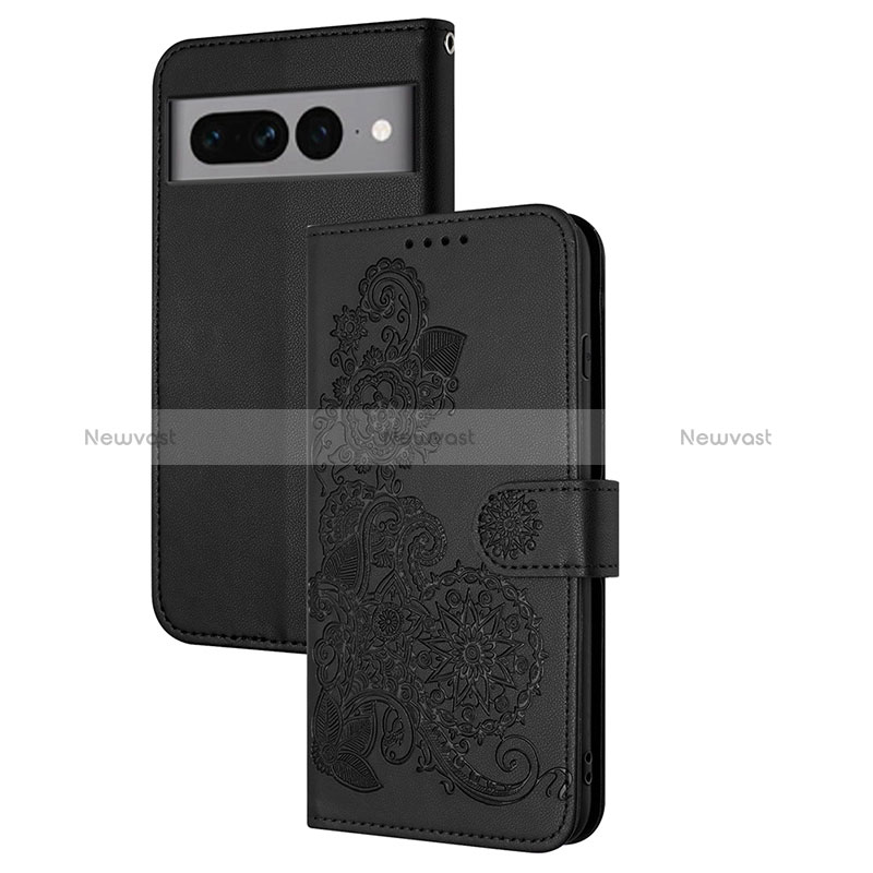 Leather Case Stands Flip Flowers Cover Holder Y01X for Google Pixel 7 Pro 5G Black