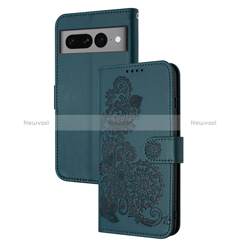 Leather Case Stands Flip Flowers Cover Holder Y01X for Google Pixel 7 Pro 5G Green