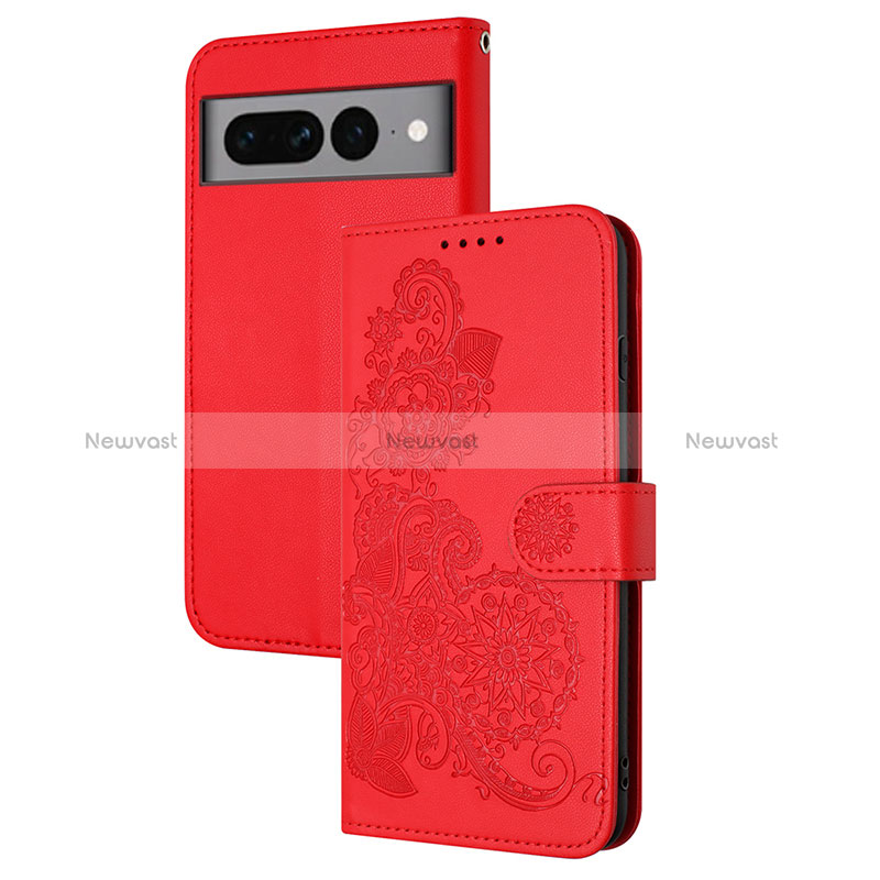 Leather Case Stands Flip Flowers Cover Holder Y01X for Google Pixel 7 Pro 5G Red