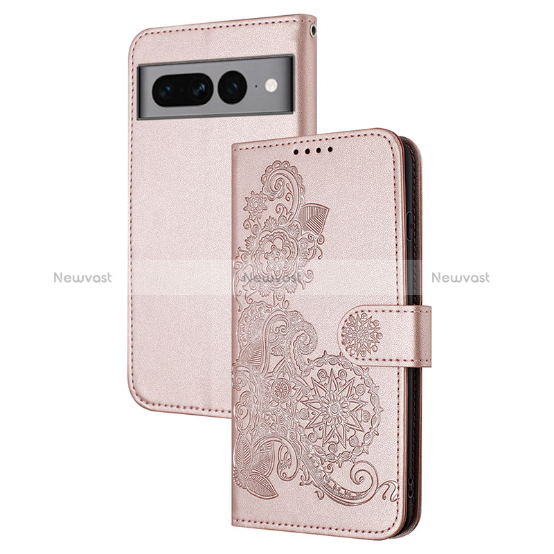 Leather Case Stands Flip Flowers Cover Holder Y01X for Google Pixel 7 Pro 5G Rose Gold