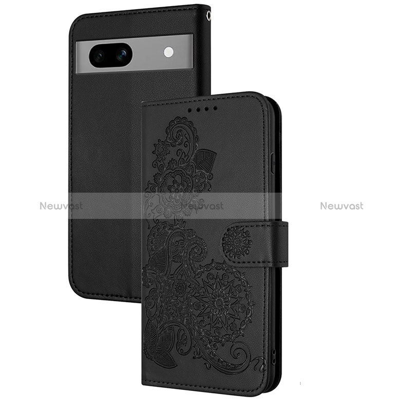 Leather Case Stands Flip Flowers Cover Holder Y01X for Google Pixel 7a 5G Black