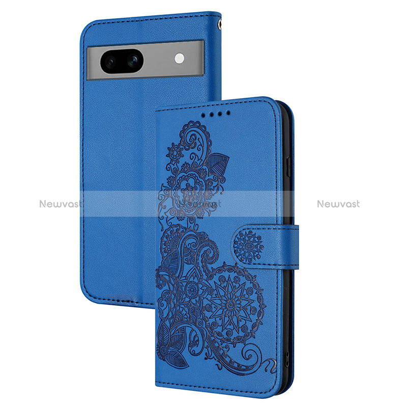 Leather Case Stands Flip Flowers Cover Holder Y01X for Google Pixel 7a 5G Blue