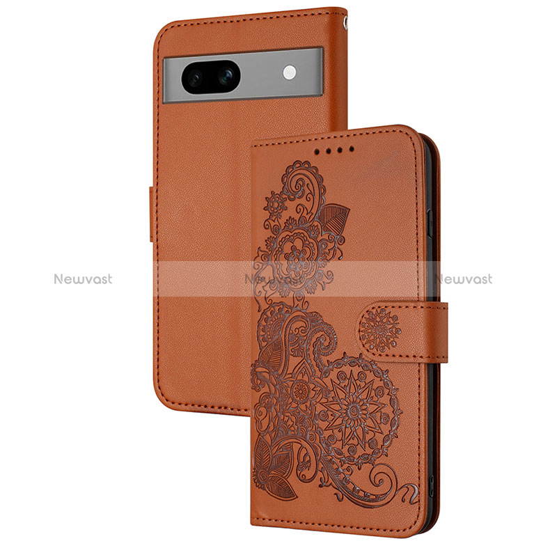 Leather Case Stands Flip Flowers Cover Holder Y01X for Google Pixel 7a 5G Brown