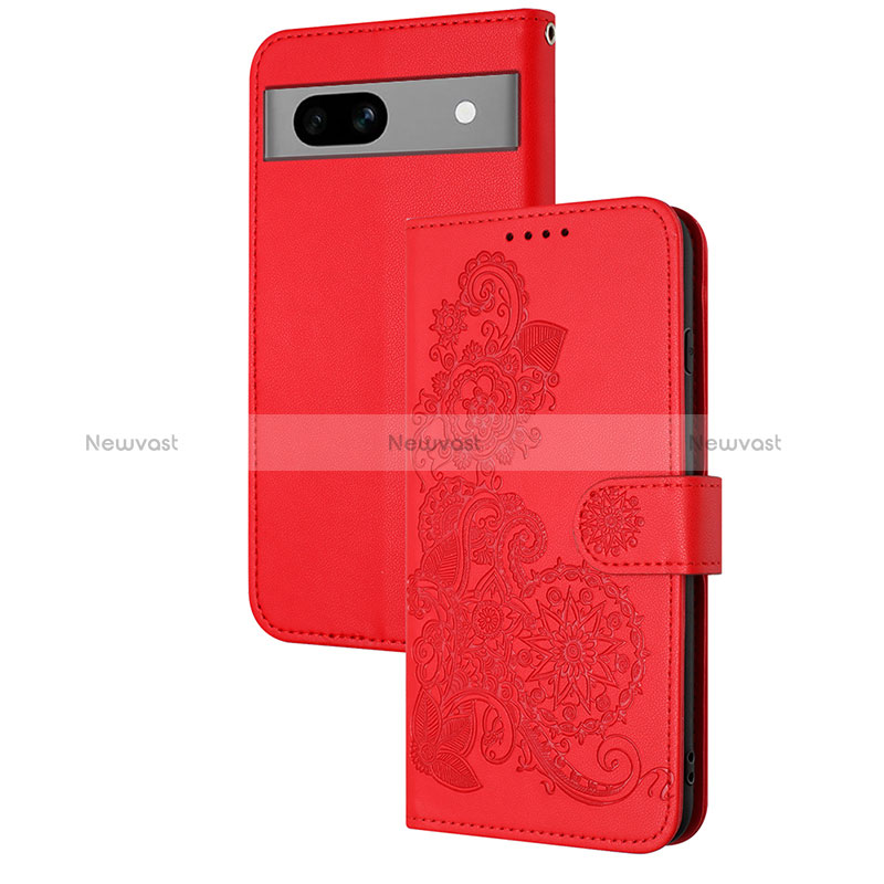 Leather Case Stands Flip Flowers Cover Holder Y01X for Google Pixel 7a 5G Red