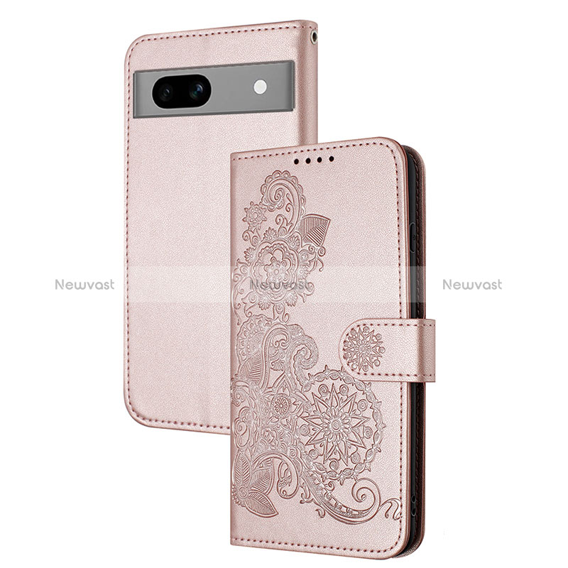 Leather Case Stands Flip Flowers Cover Holder Y01X for Google Pixel 7a 5G Rose Gold