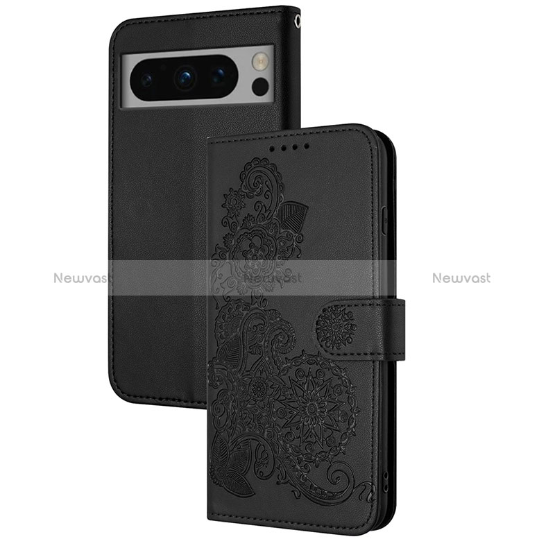 Leather Case Stands Flip Flowers Cover Holder Y01X for Google Pixel 8 5G Black