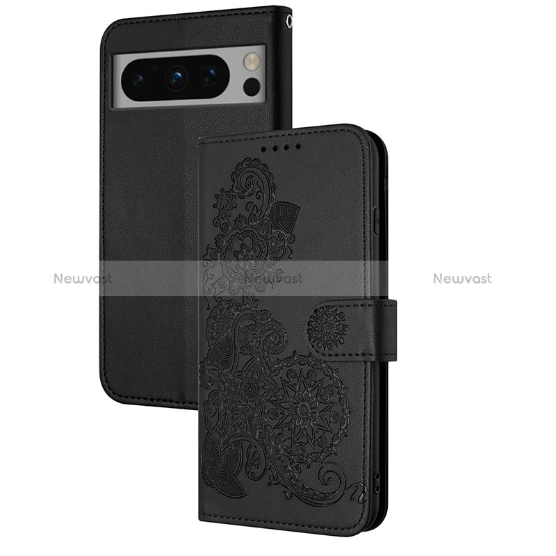 Leather Case Stands Flip Flowers Cover Holder Y01X for Google Pixel 8 Pro 5G Black