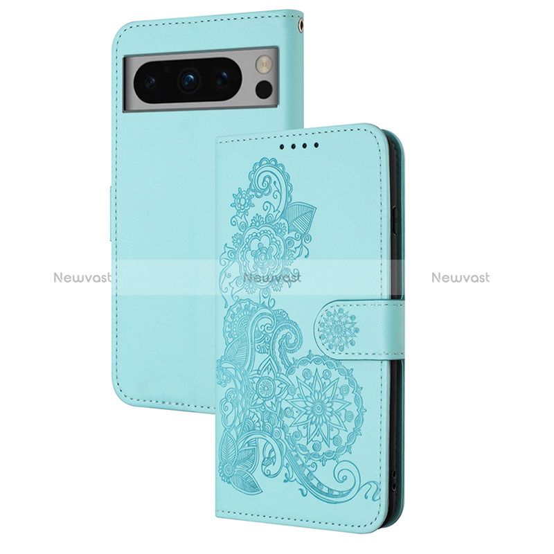 Leather Case Stands Flip Flowers Cover Holder Y01X for Google Pixel 8 Pro 5G Mint Blue