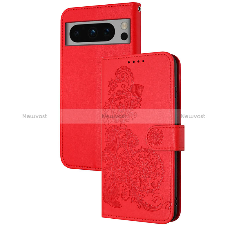 Leather Case Stands Flip Flowers Cover Holder Y01X for Google Pixel 8 Pro 5G Red