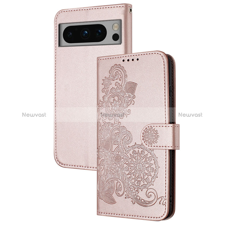 Leather Case Stands Flip Flowers Cover Holder Y01X for Google Pixel 8 Pro 5G Rose Gold