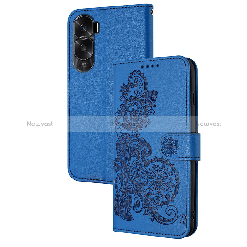 Leather Case Stands Flip Flowers Cover Holder Y01X for Huawei Honor 90 Lite 5G Blue