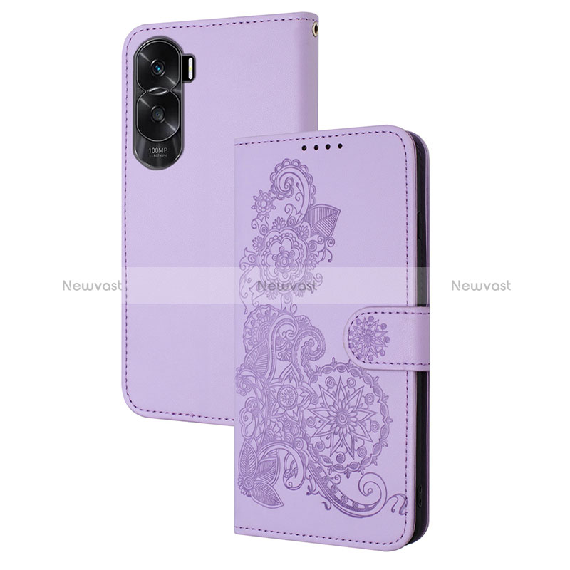 Leather Case Stands Flip Flowers Cover Holder Y01X for Huawei Honor 90 Lite 5G Purple