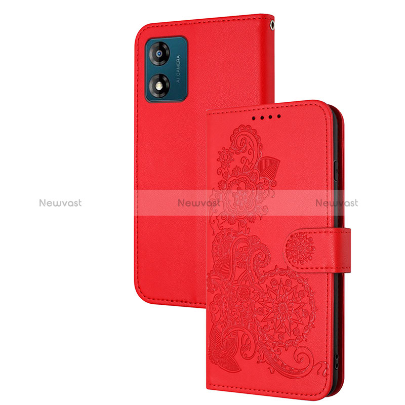 Leather Case Stands Flip Flowers Cover Holder Y01X for Motorola Moto E13 Red