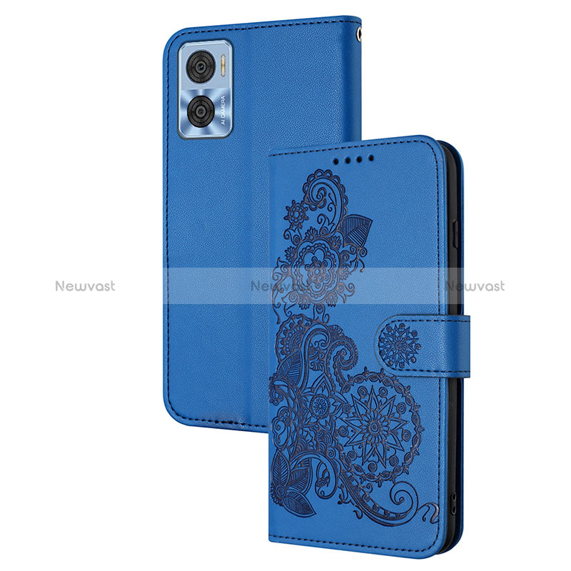 Leather Case Stands Flip Flowers Cover Holder Y01X for Motorola Moto E22 Blue