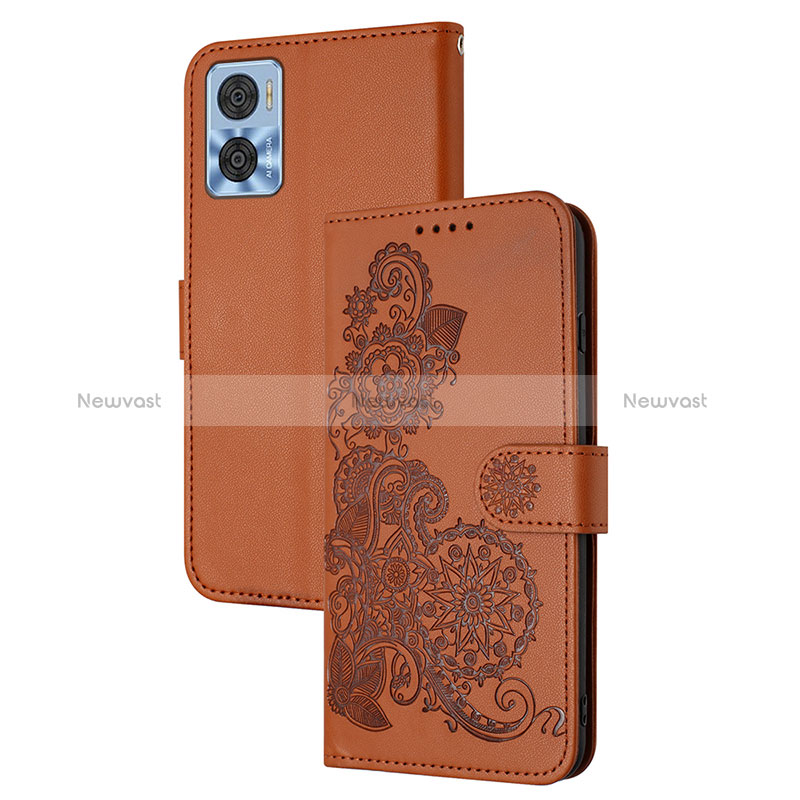 Leather Case Stands Flip Flowers Cover Holder Y01X for Motorola Moto E22 Brown