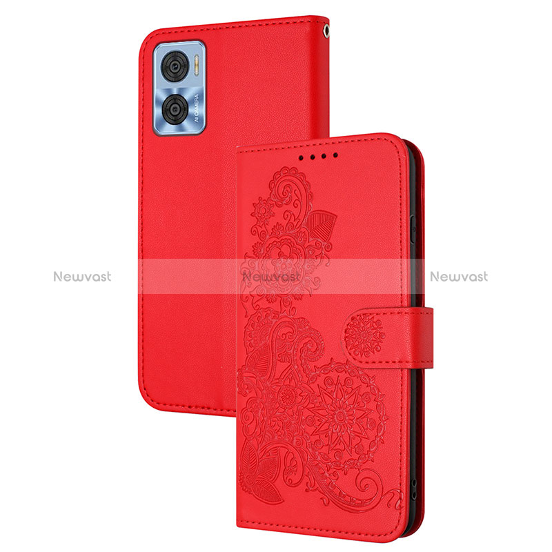 Leather Case Stands Flip Flowers Cover Holder Y01X for Motorola Moto E22 Red