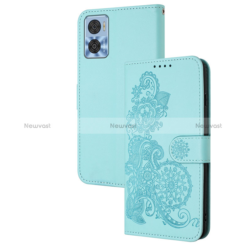 Leather Case Stands Flip Flowers Cover Holder Y01X for Motorola Moto E22i Mint Blue