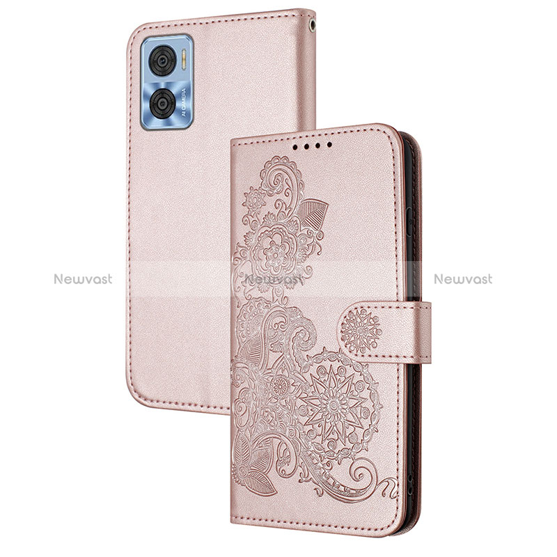 Leather Case Stands Flip Flowers Cover Holder Y01X for Motorola Moto E22i Rose Gold