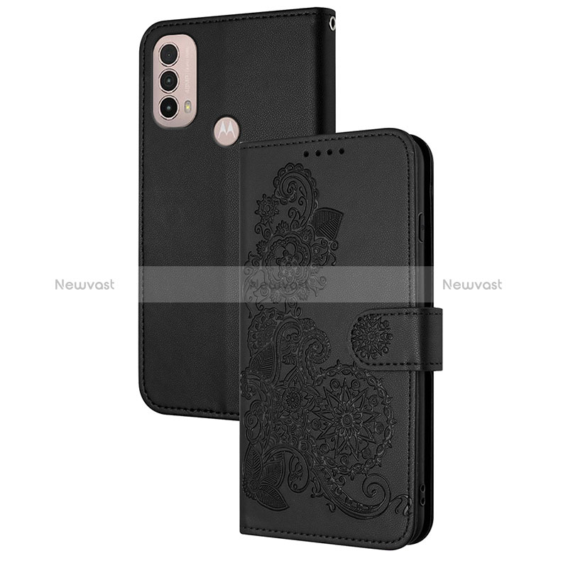 Leather Case Stands Flip Flowers Cover Holder Y01X for Motorola Moto E40 Black