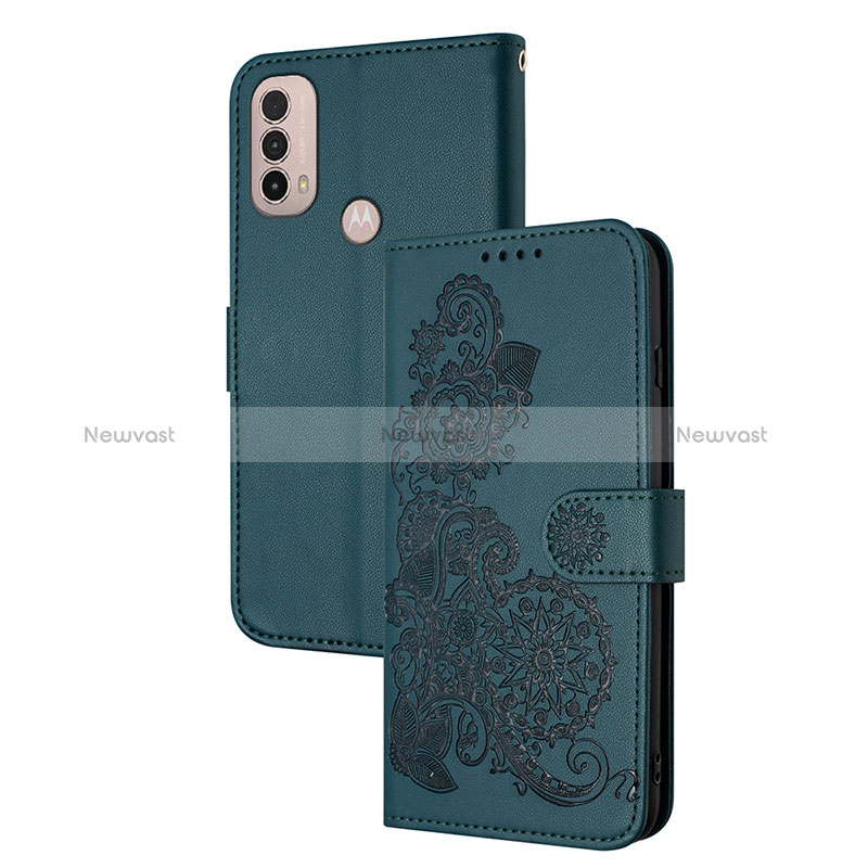 Leather Case Stands Flip Flowers Cover Holder Y01X for Motorola Moto E40 Green