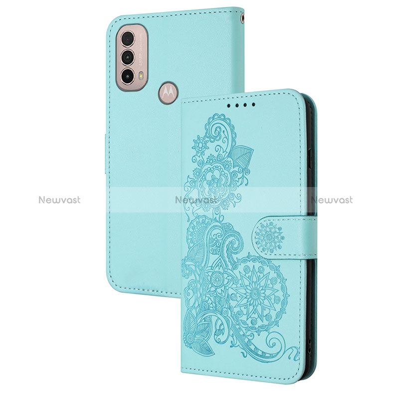 Leather Case Stands Flip Flowers Cover Holder Y01X for Motorola Moto E40 Mint Blue