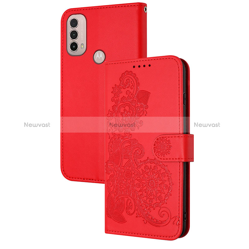 Leather Case Stands Flip Flowers Cover Holder Y01X for Motorola Moto E40 Red