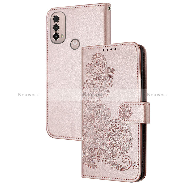 Leather Case Stands Flip Flowers Cover Holder Y01X for Motorola Moto E40 Rose Gold