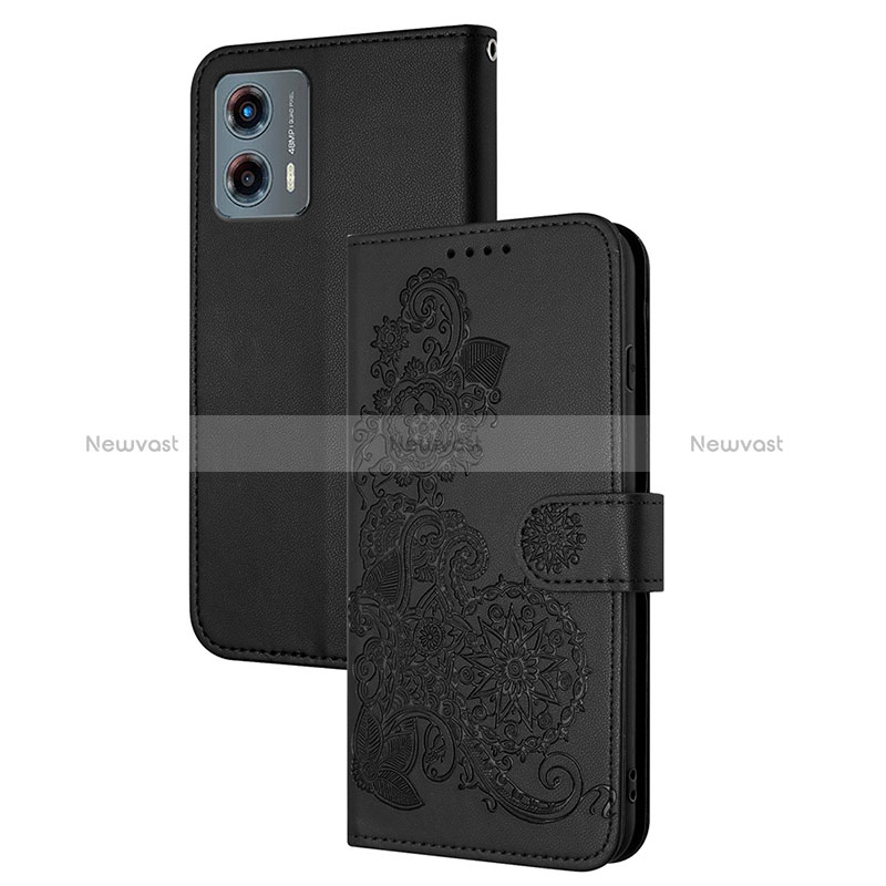 Leather Case Stands Flip Flowers Cover Holder Y01X for Motorola Moto G 5G (2023) Black