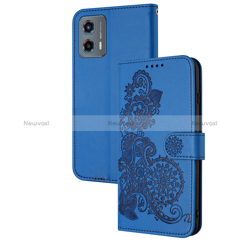 Leather Case Stands Flip Flowers Cover Holder Y01X for Motorola Moto G 5G (2023) Blue