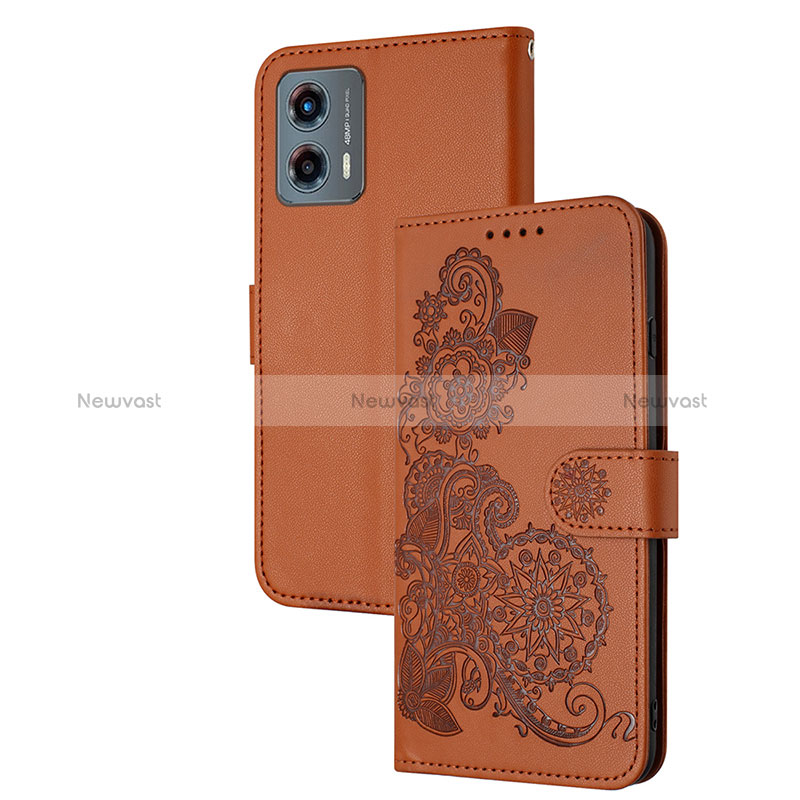 Leather Case Stands Flip Flowers Cover Holder Y01X for Motorola Moto G 5G (2023) Brown