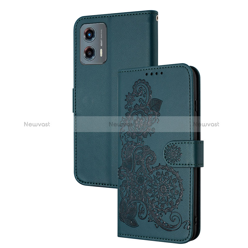 Leather Case Stands Flip Flowers Cover Holder Y01X for Motorola Moto G 5G (2023) Green