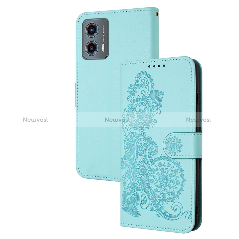 Leather Case Stands Flip Flowers Cover Holder Y01X for Motorola Moto G 5G (2023) Mint Blue