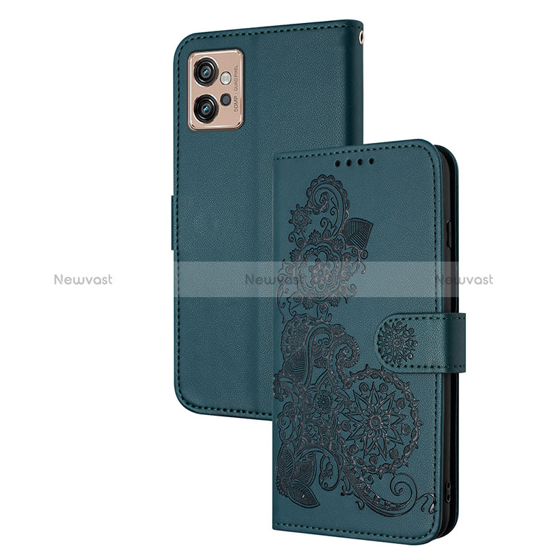 Leather Case Stands Flip Flowers Cover Holder Y01X for Motorola Moto G32 Green