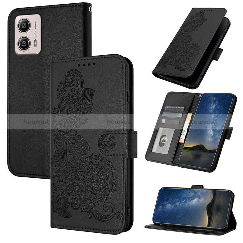 Leather Case Stands Flip Flowers Cover Holder Y01X for Motorola Moto G53j 5G
