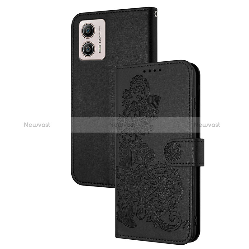 Leather Case Stands Flip Flowers Cover Holder Y01X for Motorola Moto G53j 5G Black