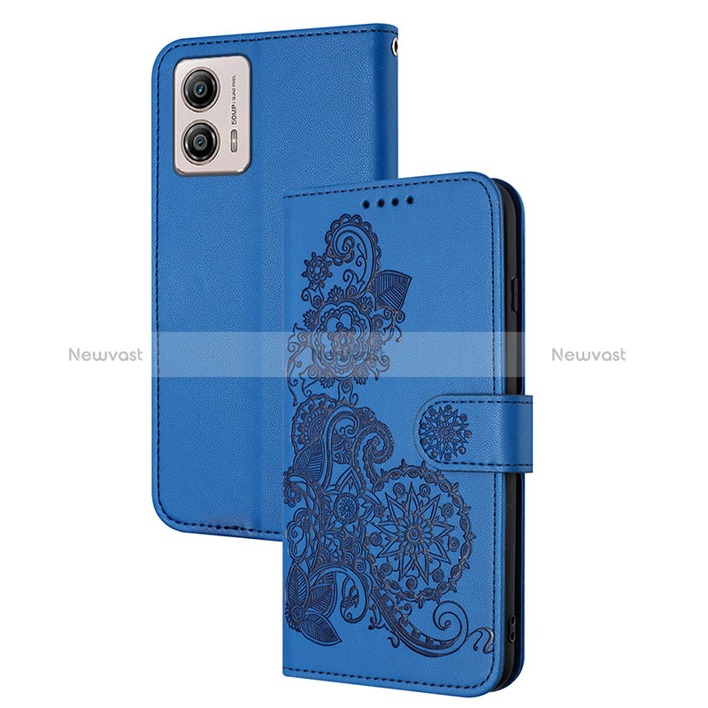 Leather Case Stands Flip Flowers Cover Holder Y01X for Motorola Moto G53j 5G Blue