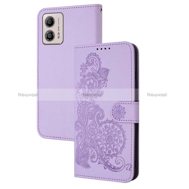 Leather Case Stands Flip Flowers Cover Holder Y01X for Motorola Moto G53j 5G Purple