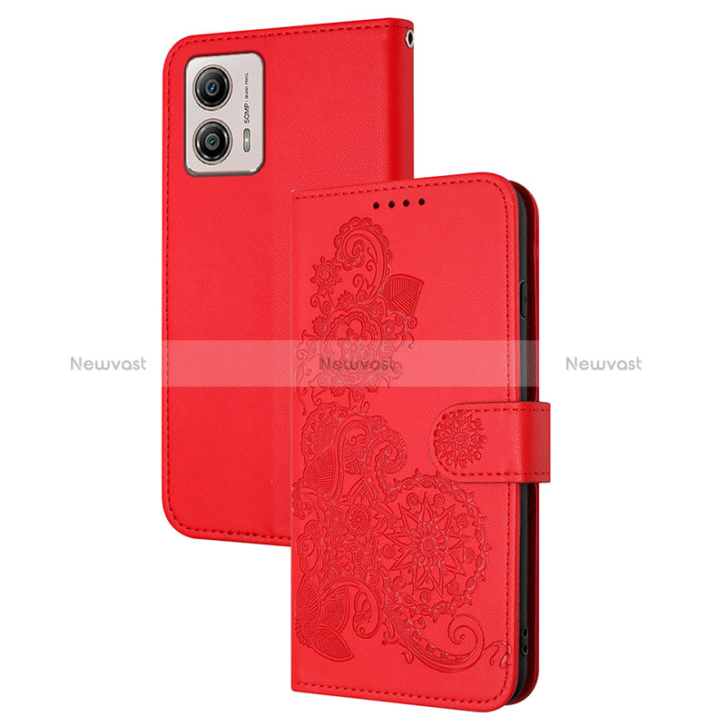 Leather Case Stands Flip Flowers Cover Holder Y01X for Motorola Moto G53j 5G Red