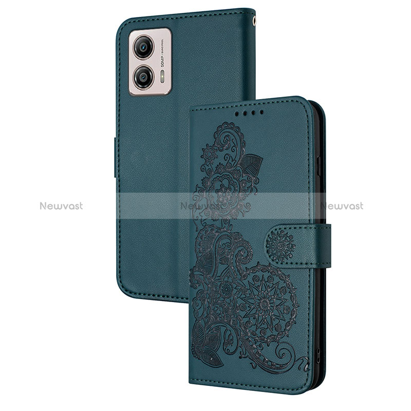 Leather Case Stands Flip Flowers Cover Holder Y01X for Motorola Moto G53y 5G Green