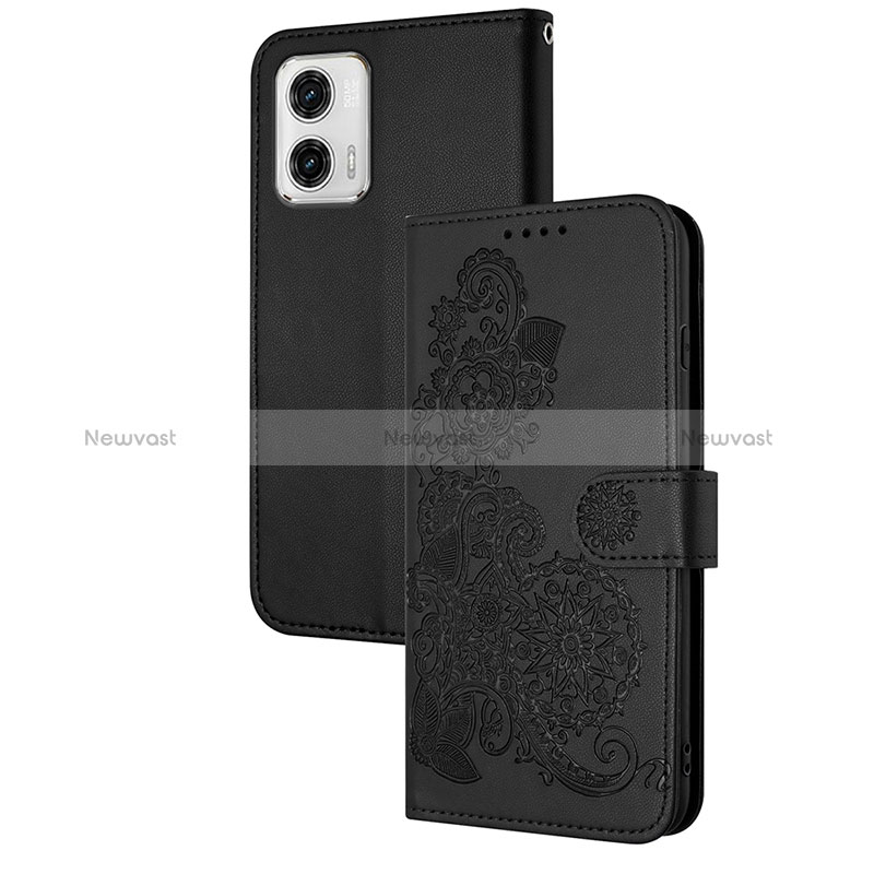 Leather Case Stands Flip Flowers Cover Holder Y01X for Motorola Moto G73 5G Black