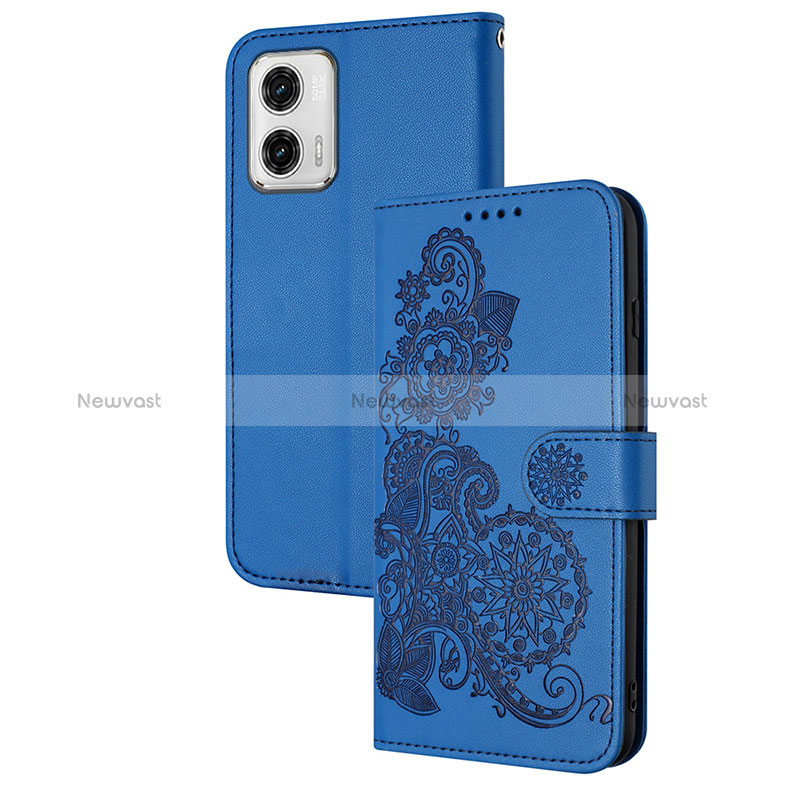 Leather Case Stands Flip Flowers Cover Holder Y01X for Motorola Moto G73 5G Blue