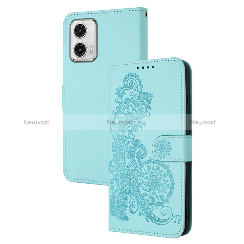 Leather Case Stands Flip Flowers Cover Holder Y01X for Motorola Moto G73 5G Mint Blue