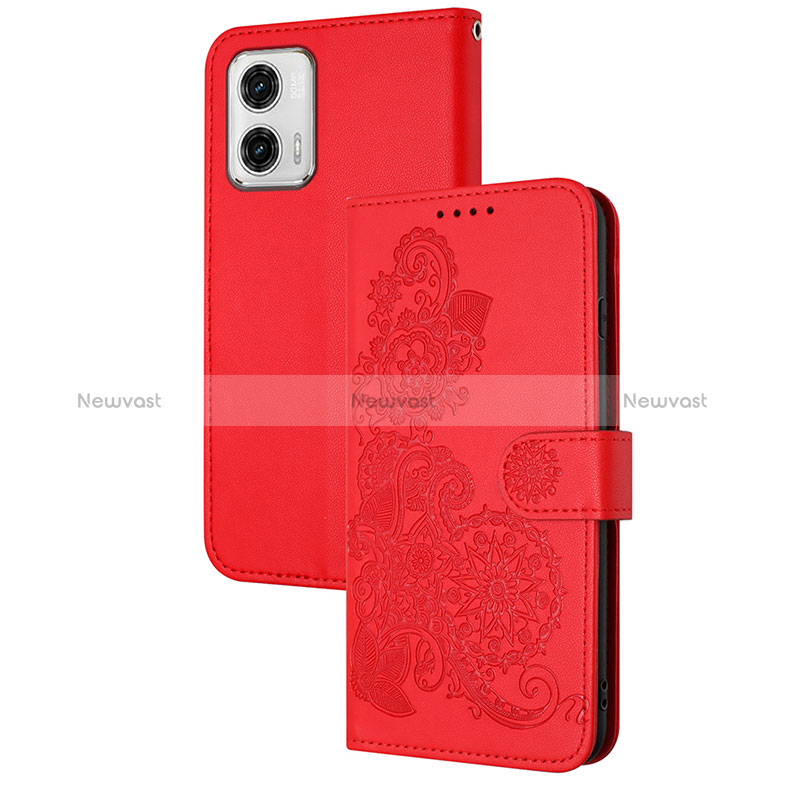 Leather Case Stands Flip Flowers Cover Holder Y01X for Motorola Moto G73 5G Red