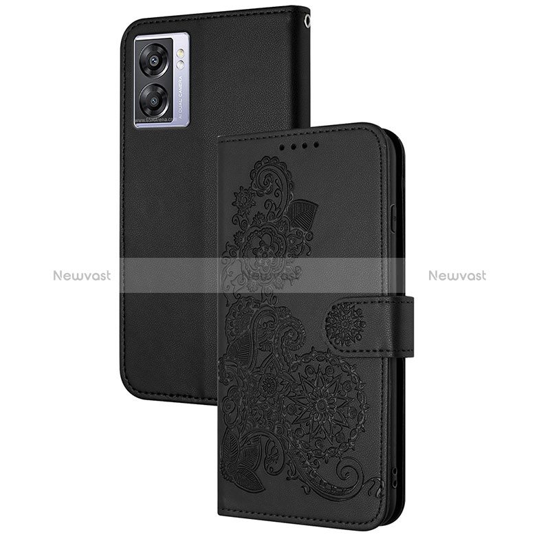 Leather Case Stands Flip Flowers Cover Holder Y01X for OnePlus Nord N300 5G Black