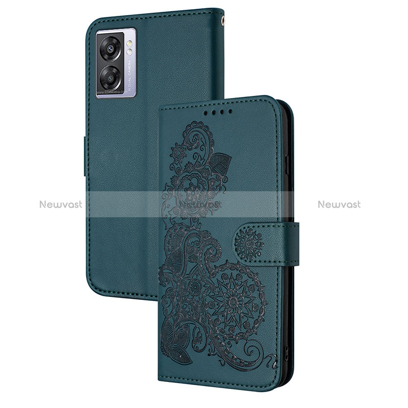 Leather Case Stands Flip Flowers Cover Holder Y01X for OnePlus Nord N300 5G Green