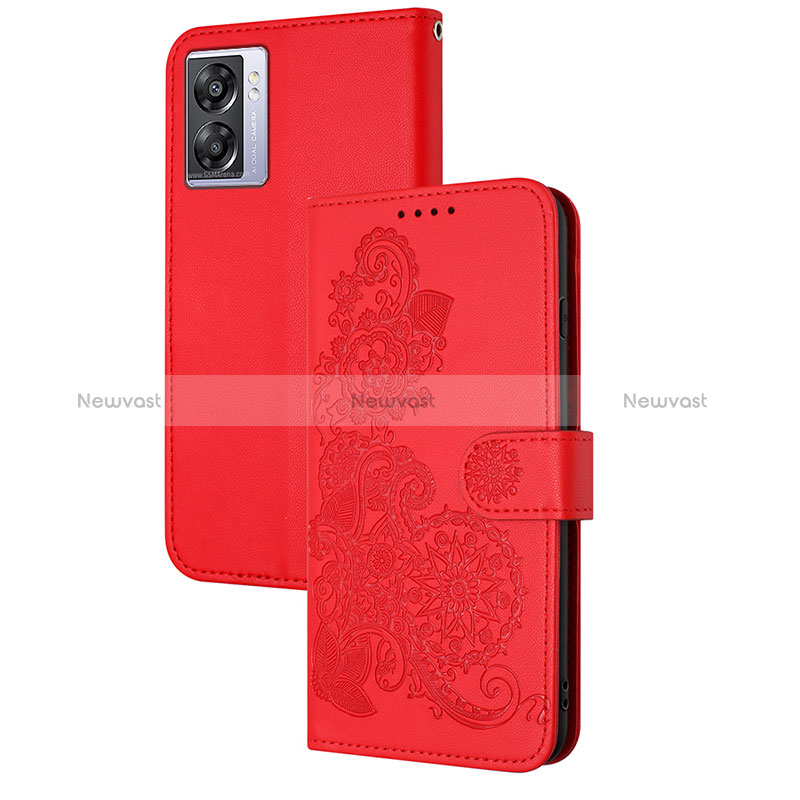 Leather Case Stands Flip Flowers Cover Holder Y01X for OnePlus Nord N300 5G Red