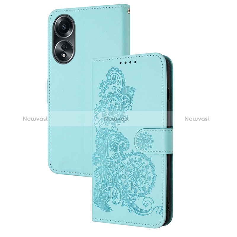 Leather Case Stands Flip Flowers Cover Holder Y01X for Oppo A18 Mint Blue