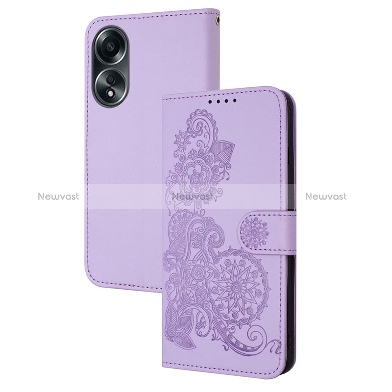 Leather Case Stands Flip Flowers Cover Holder Y01X for Oppo A18 Purple